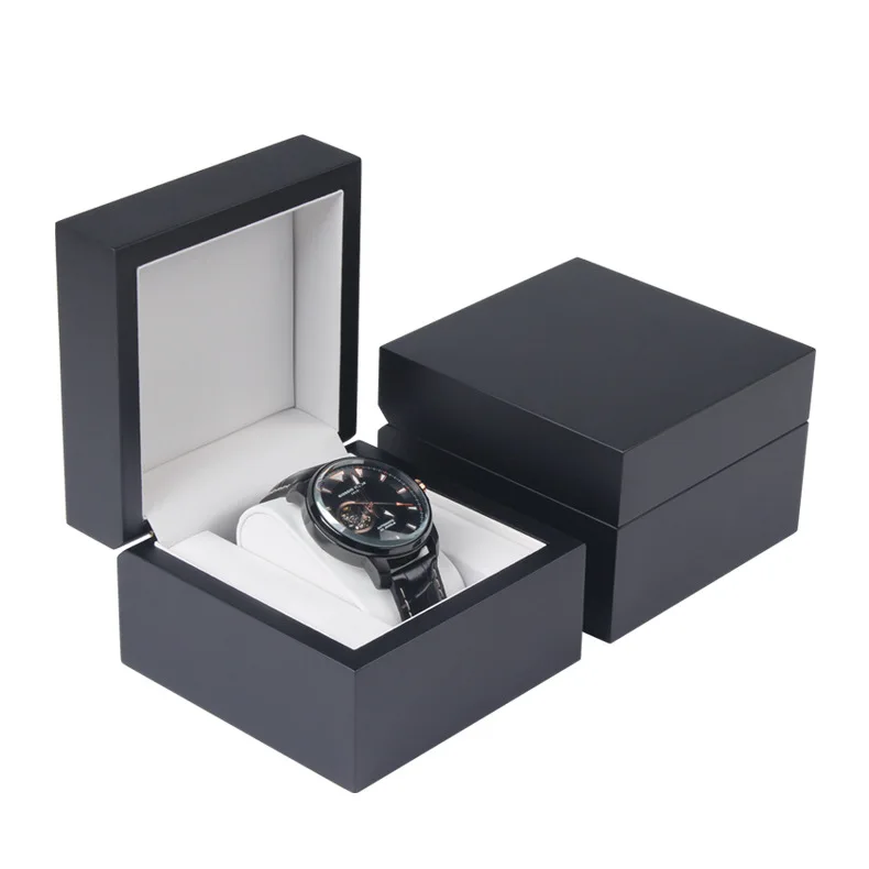 

Customized Logo Retail Wholesale Black Lacquered Single Watch Box Display Holder Organizer Case, Lacquered black+white pu interior