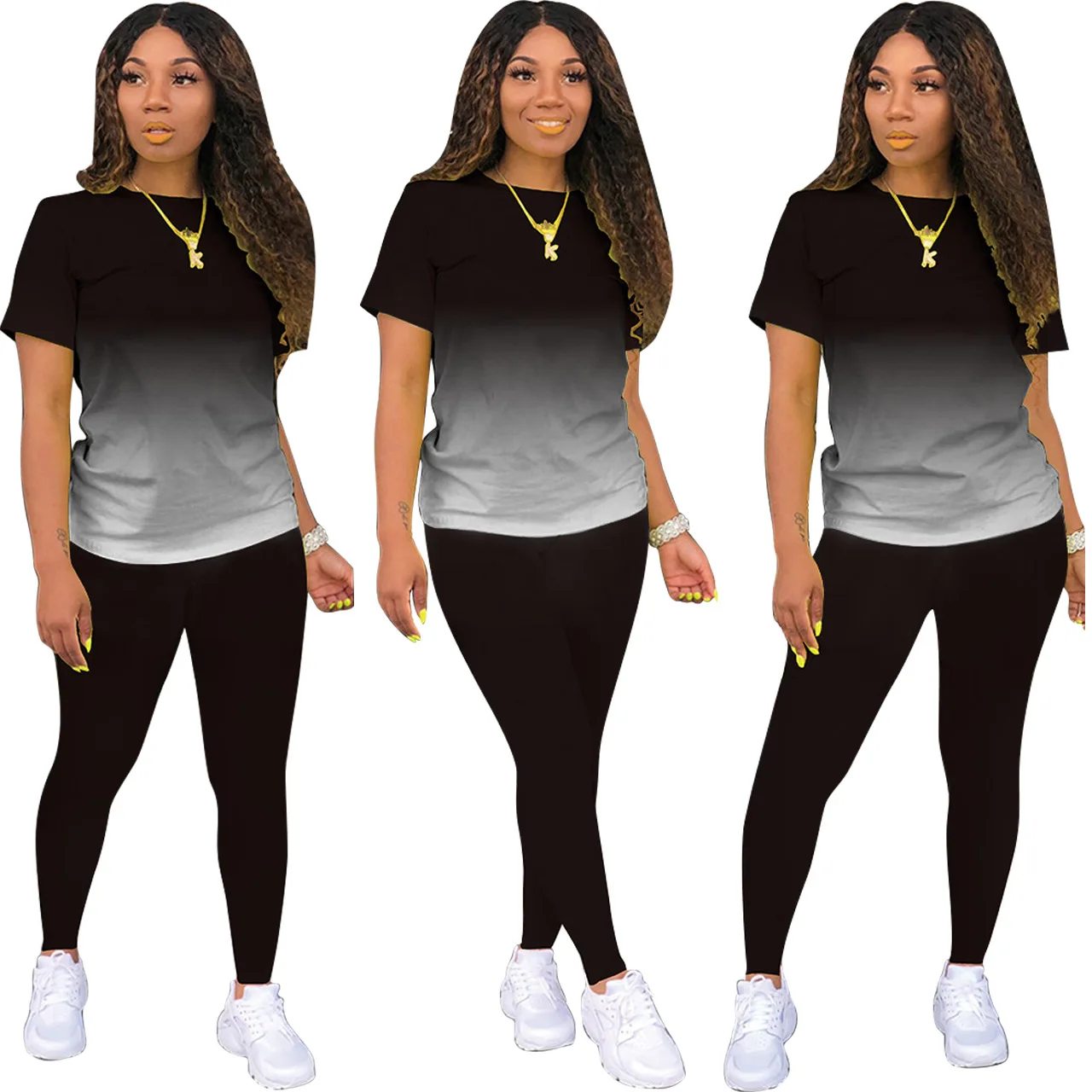 

Fashion Trend Sexy Solid Color Gradient Tracksuit Splicing Crew Neck Outfits Short Sleeve Shirt Casual Two Piece Sets, Shown