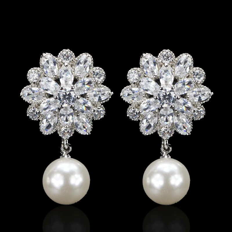 

Brides Wedding earrings Iced S925 Silver Pearl Drop Sun Flower Snowflake Cubic Zirconia Earrings for women