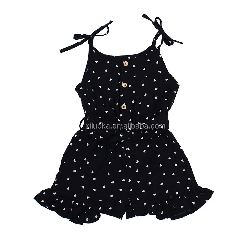 

Wholesale Baby Clothes Black Dot Print suspender smocked ruffle hem jumpsuit Romper Sleeveless Sweet Baby Girl Rompers, Picture