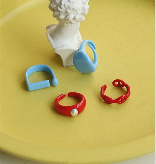 

Fashion Korean Handmade Blue Oil Dripping Initial D Shape Ring No Fading Red Enamel Pearl Rings For Girls