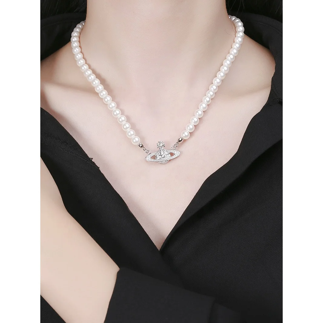 

925 Silver Saturn Pentand Jewelry Necklaces Natural Fresh Water Pearl Necklace Chain For Women, Picture shows