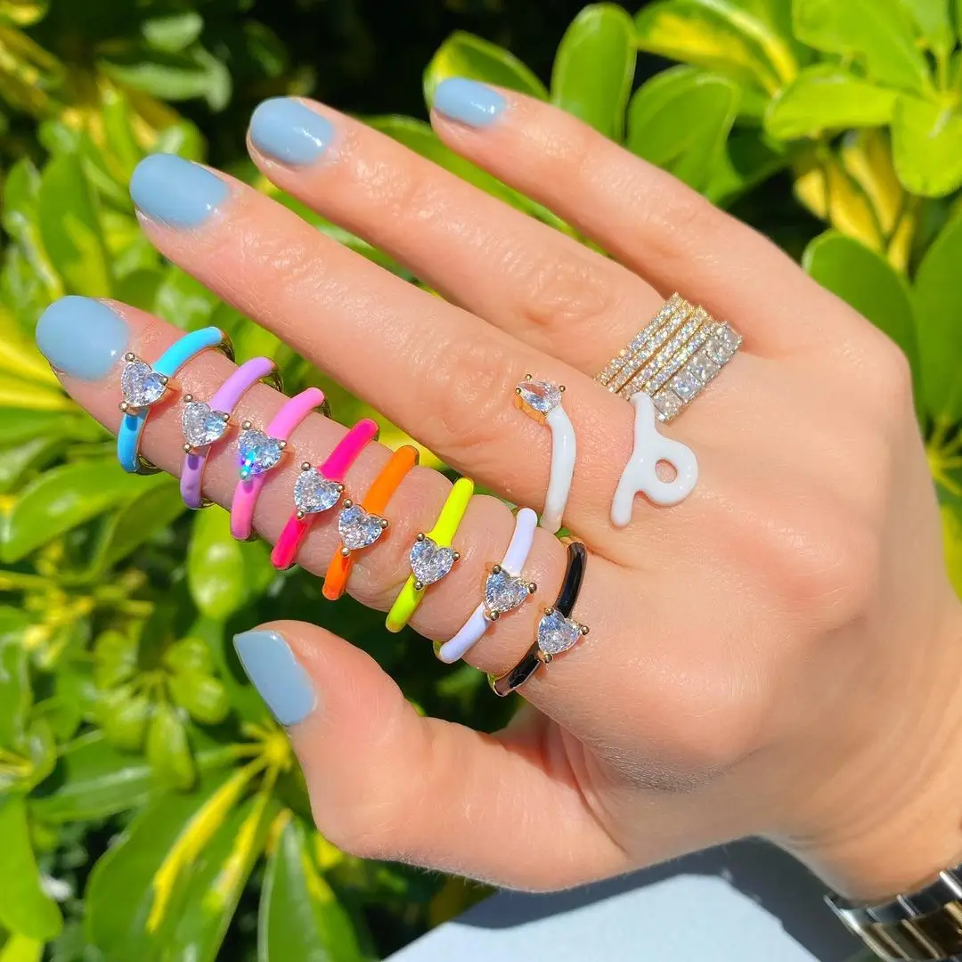 

Trendy Enamel Rainbow Colorful Rings for Women Heart CZ Zirconia Rings Accessories Jewelry Gift for Lady, Customized