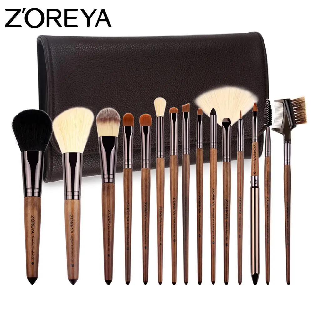 

zoreya 15pcs eye makeup brushes set with black walnut handle nylon hair wood eye shadow brush makeup tools PU bag, Black walnut color