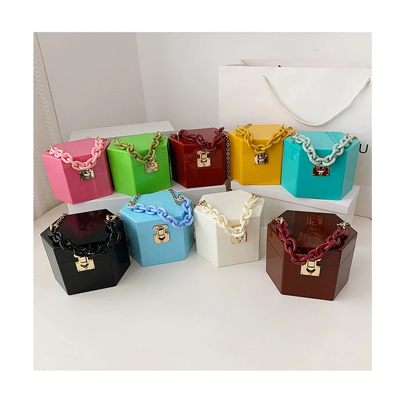 

2021 Fashion Show PVC Hexagon Acrylic New Fluorescent Candy Color Unique Small Luxury Designer Jelly Bag Mini Women Handle Bag