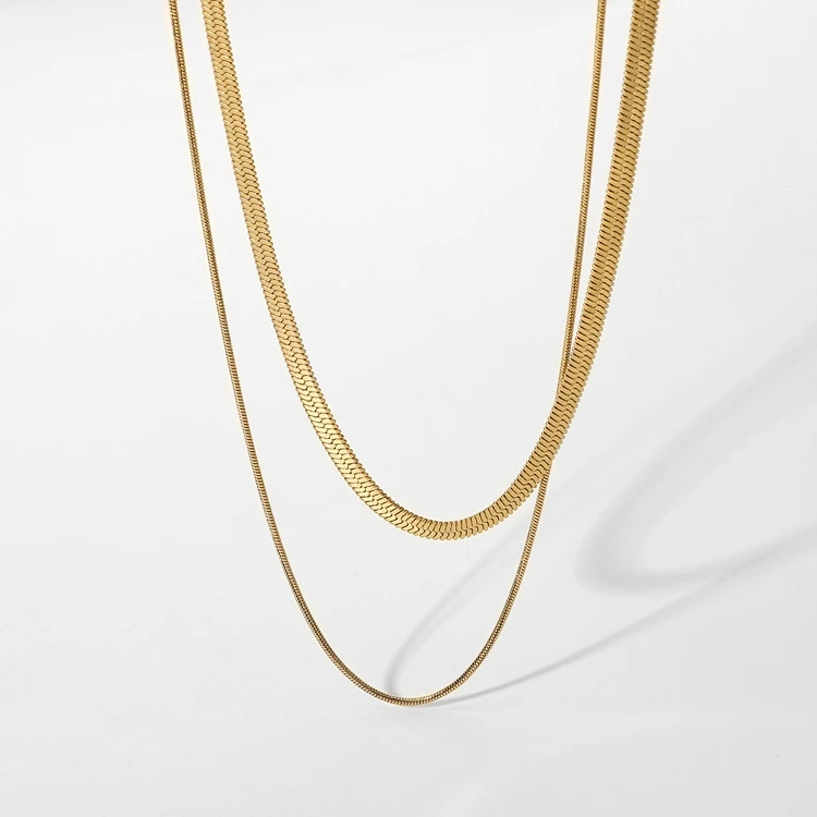 

Simple 18K Gold Stainless Steel Double Layered Cuban Chain Jecelry Double Snake Chain Chocker Necklaces For Women