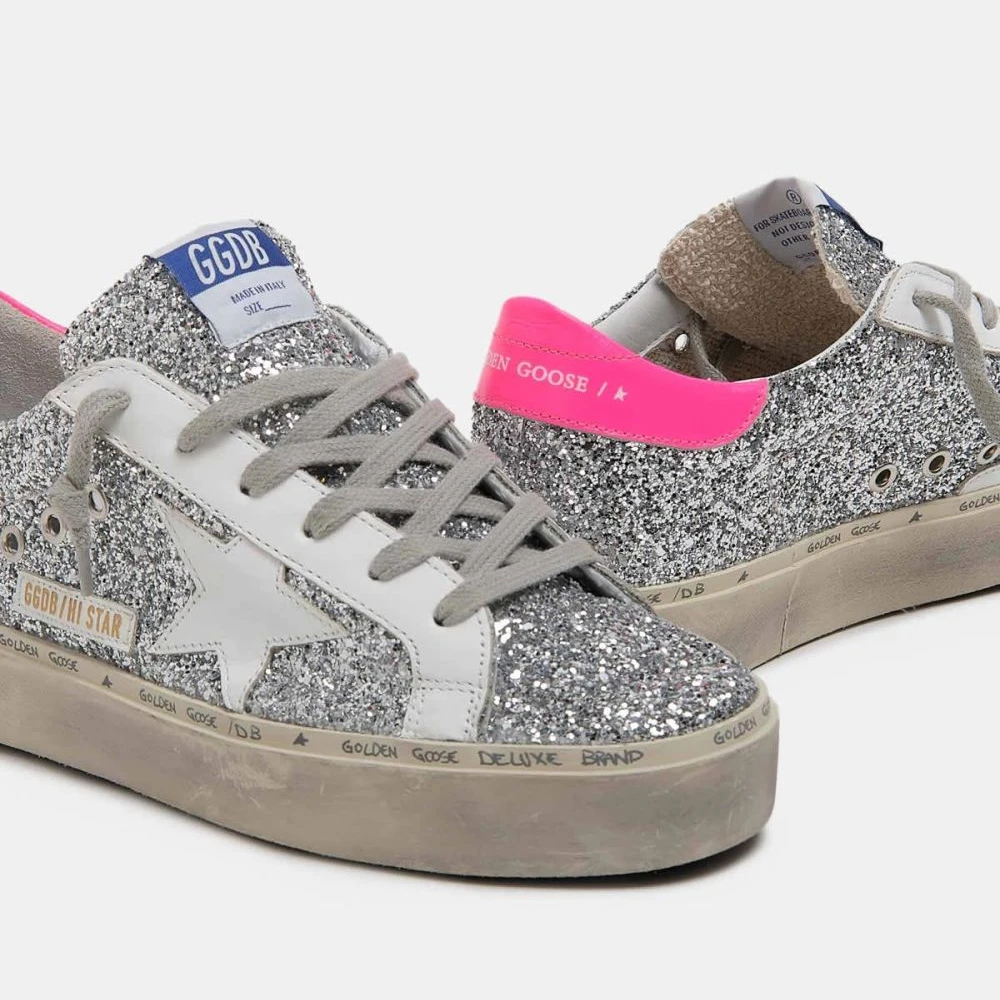 

Goldens Hi Star sneakers with silver glitter and fuchsia heel tab Gooses, 20colors