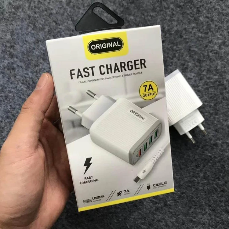

Adapter 4usb multi port travel charger QC3.0 fast charger with usb cable and package, White white