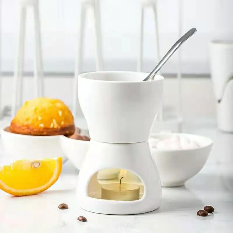 

Ceramic Butter Warmer/Chocolate Ice Cream Pot Set with Fork Candle Butter Warmers Fondue Set Pot, White