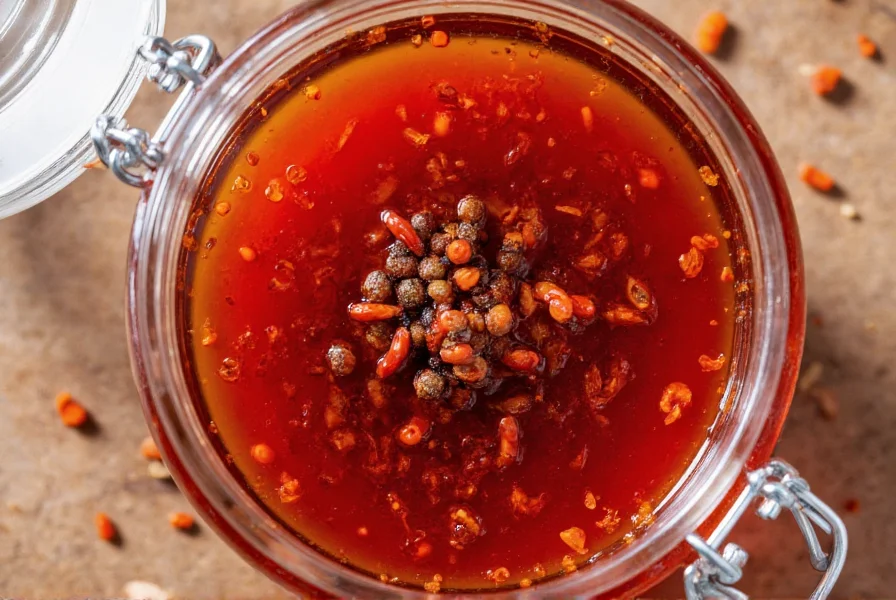 Traditional Chinese chili oil preparation showing red oil layer with chili flakes and Sichuan peppercorns in glass jar
