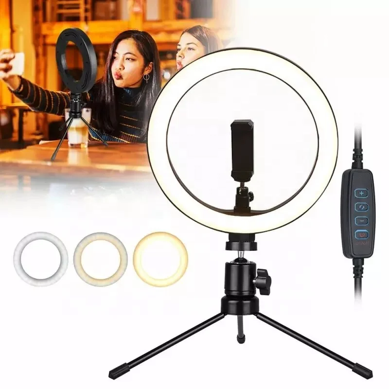 

10 Inch USB Dimmable Cold Warm LED Studio Camera Ring Light Photo Phone Video Light Lamp With Tripods Ring Table Fill Light