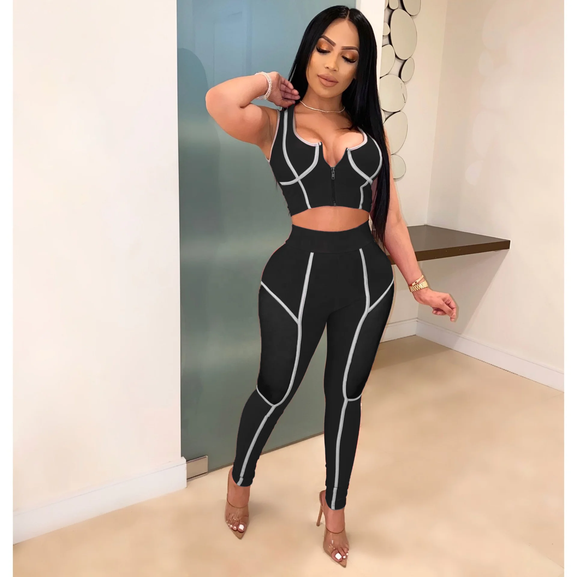 

KX-PT0020 Plus size sleeveless tracksuits for woman sets custom printed mesh spicing active stretch women sweatsuit set