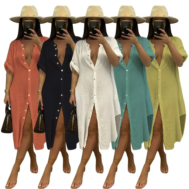 

2021 New 2021 fall women clothing solid color casual fashion sexy slub linen beach women shirt dress