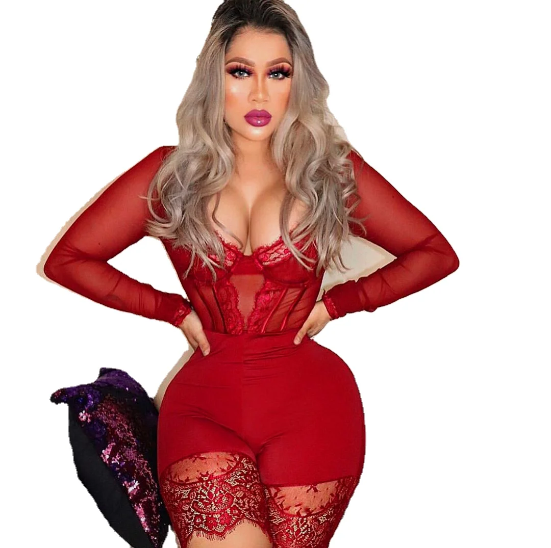 

Black Red Sheer Long Sleeve Mesh Geometric Lace Women Sexy Lingerie Bodysuit