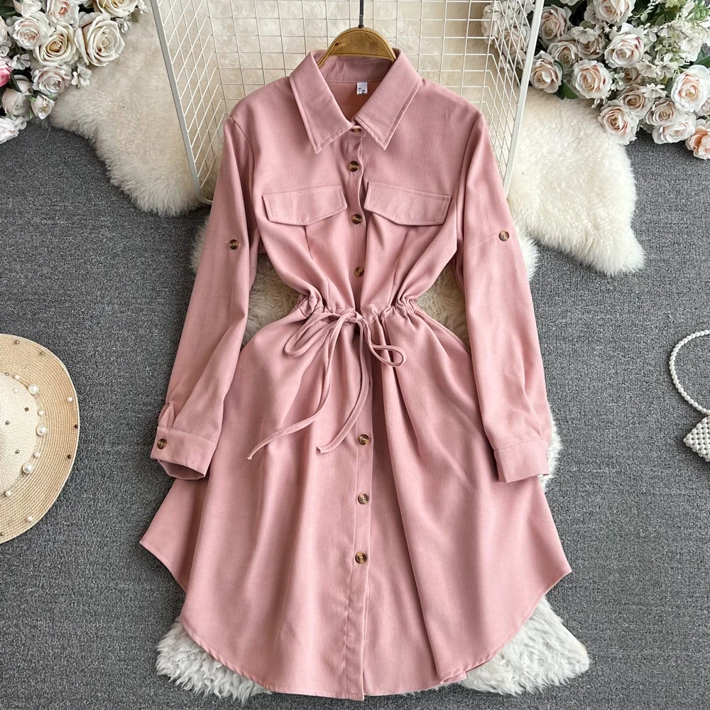 

Elegant Luxury Turndown Collar Dress Women Fashion Buttons Split Korean Office Ladies Shirts Dresses Pink Mesh Vintage Vestidos