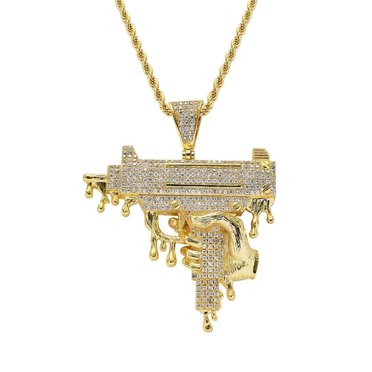 

Hand Holding Dripping Gun Shape Pendant Necklace Gold Color Iced Out Cubic Zirconia Men's Hip hop Rock Jewelry