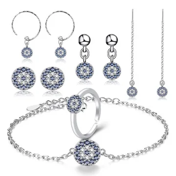 

Girls 6pcs 925 Sterling Silver Blue Crystal Evil Eyes Ring Earrings Bracelets Necklace Set Jewelry CZ Evil Eyes Jewelry