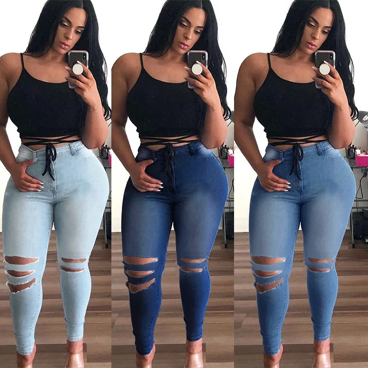 

High quality plus size ripped hole zip up skinny women's pencil pants small leg stretch jeans
