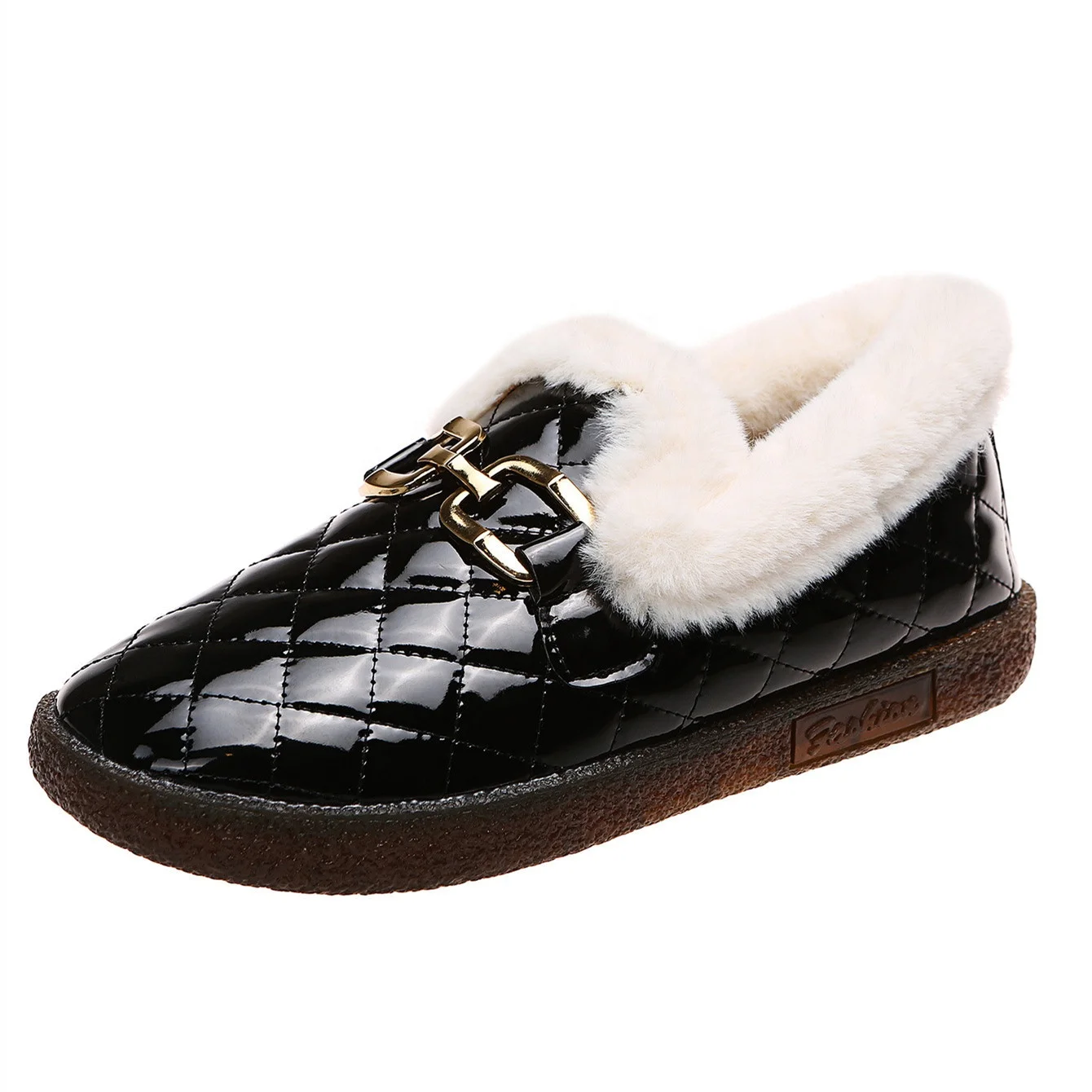 

Latest Design Fashion Fuzzy Furry Warm Boots Female Footwear Women's Soft Leather Loafers Shoes for Lady, Black white