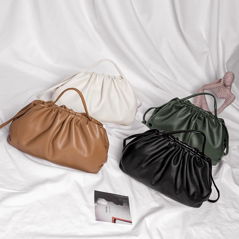 

Leather cloud diagonal cross dumpling bag 2021 new trendy niche sheep skin bag pleated armpit bag, Black/white/green/brown