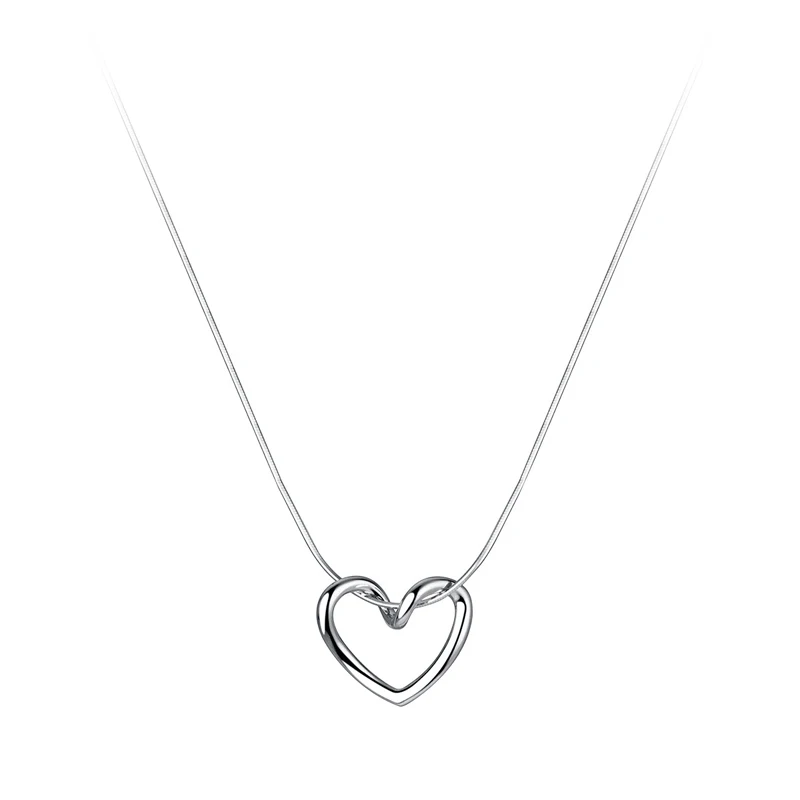 In-Stock New Hollow Glossy Heart Pendant Necklace Women 925 Sterling Silver Love Heart Snake Chain Necklace Jewelry
