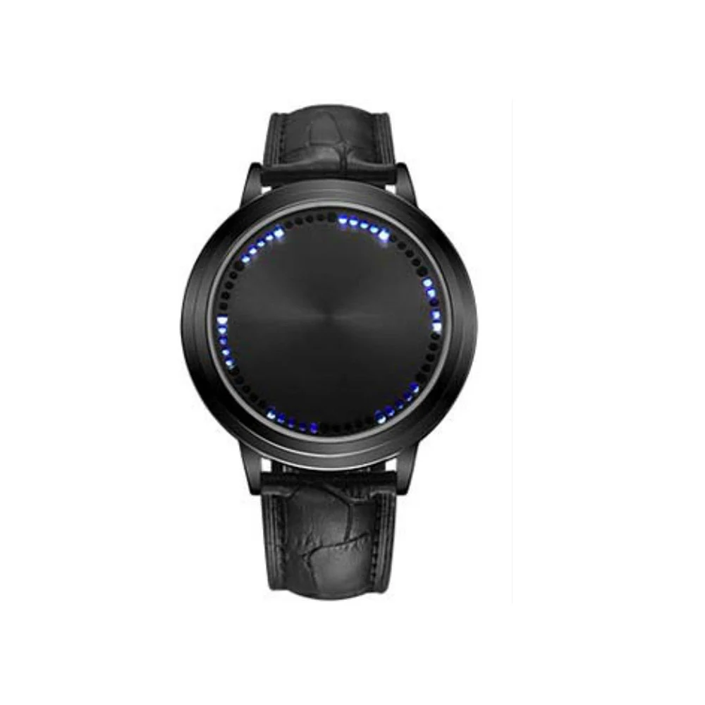 

Round Dial Watch Touch Screen Leather Simple LED watch Casual Watch Men, Black