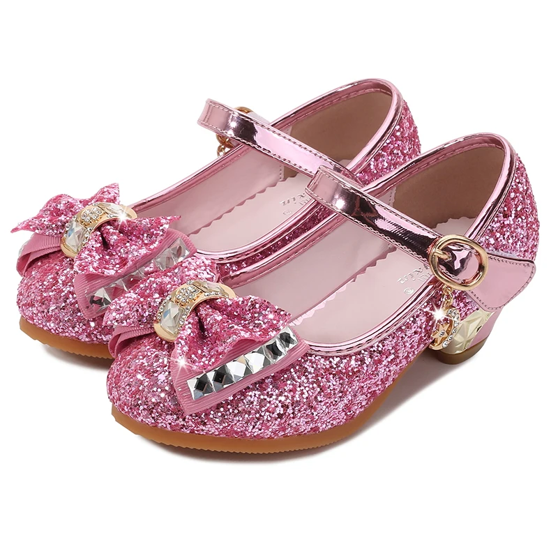 

Kids high heel shoes 2021 sequin girls princess party dress shoes for pageant wedding Student performance shoes
