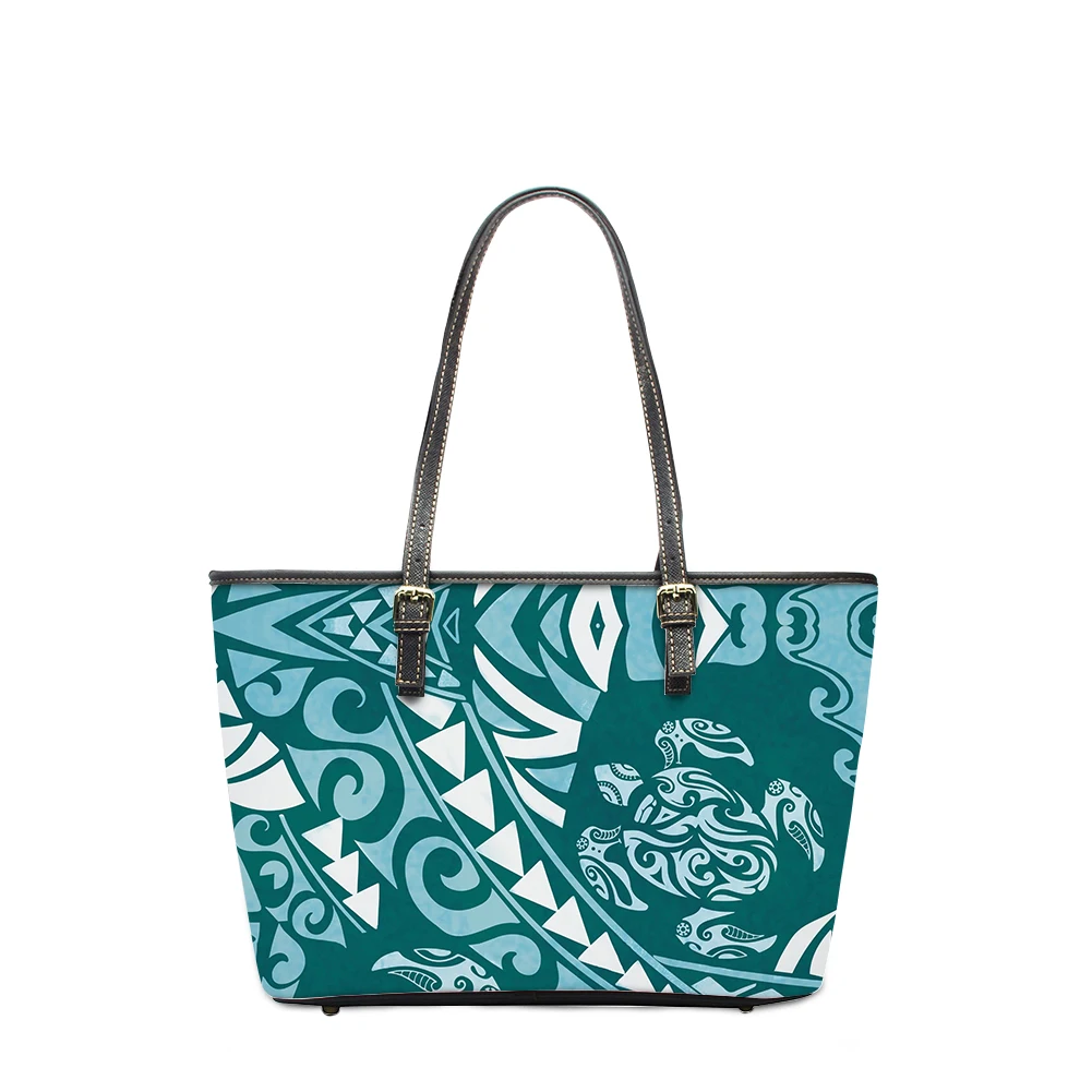 

POD Ladies Tote Bag Customized Design Large Capacity Shopping Bags Polynesian Tribal Turtle Pattern Printed PU Women Handbags, Customizable