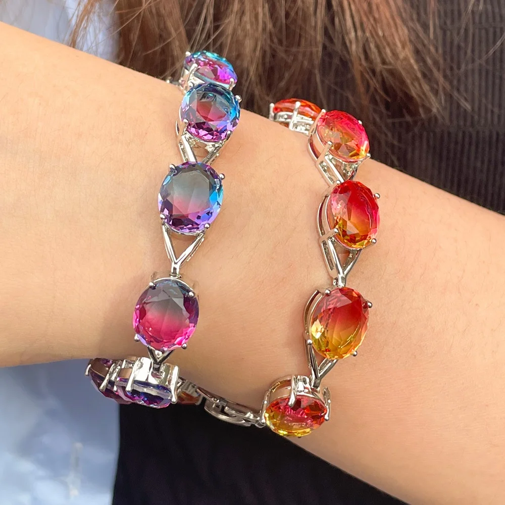 

Elegant Beautiful Rainbow Fire Red Crystal Oval Shape Chain Link Tennis Bracelets for Women Trendy Party Jewelry, Picture shows