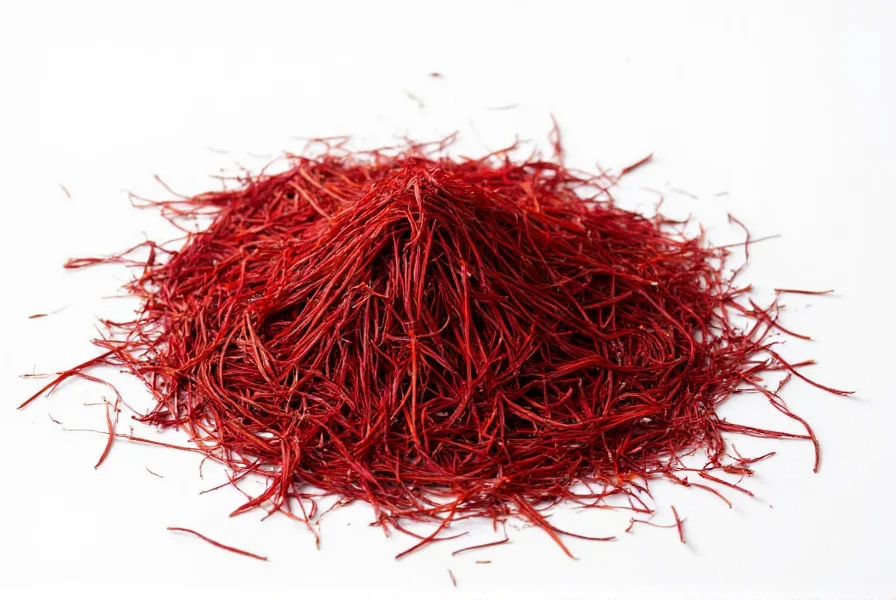 Close-up of Kashmiri saffron threads showing deep crimson color and thick structure