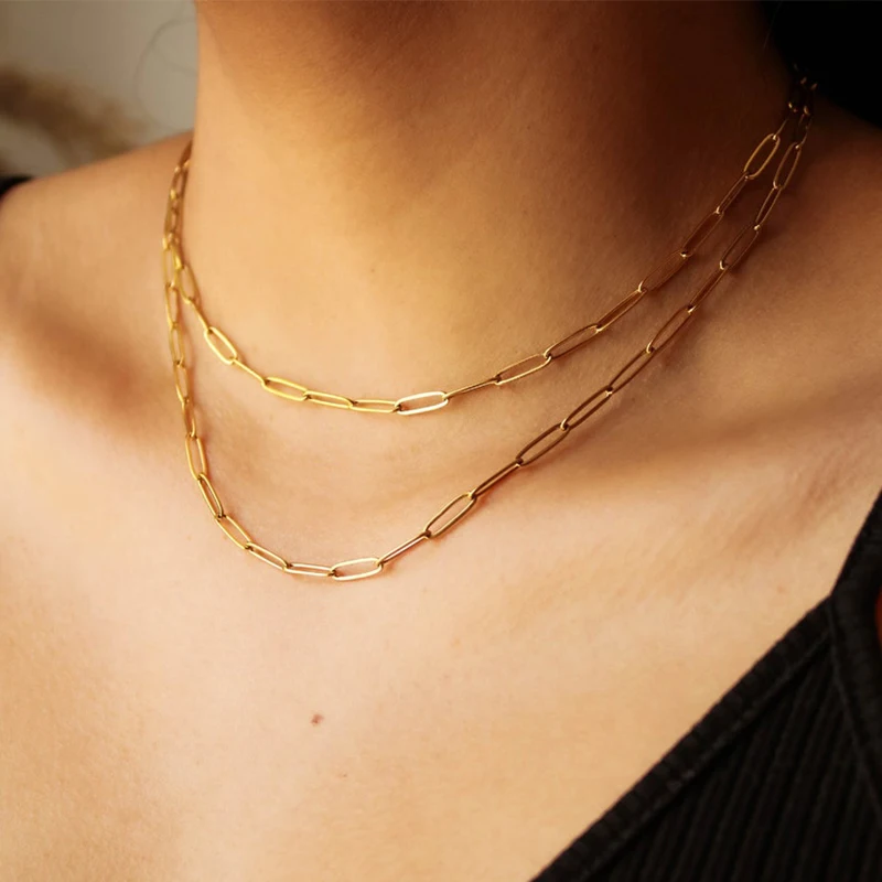 

Trendy Jewelry 18k Gold Plated Paperclip Chain Necklace Stainless Steel Rectangle Chain Choker Necklace Gift For Women