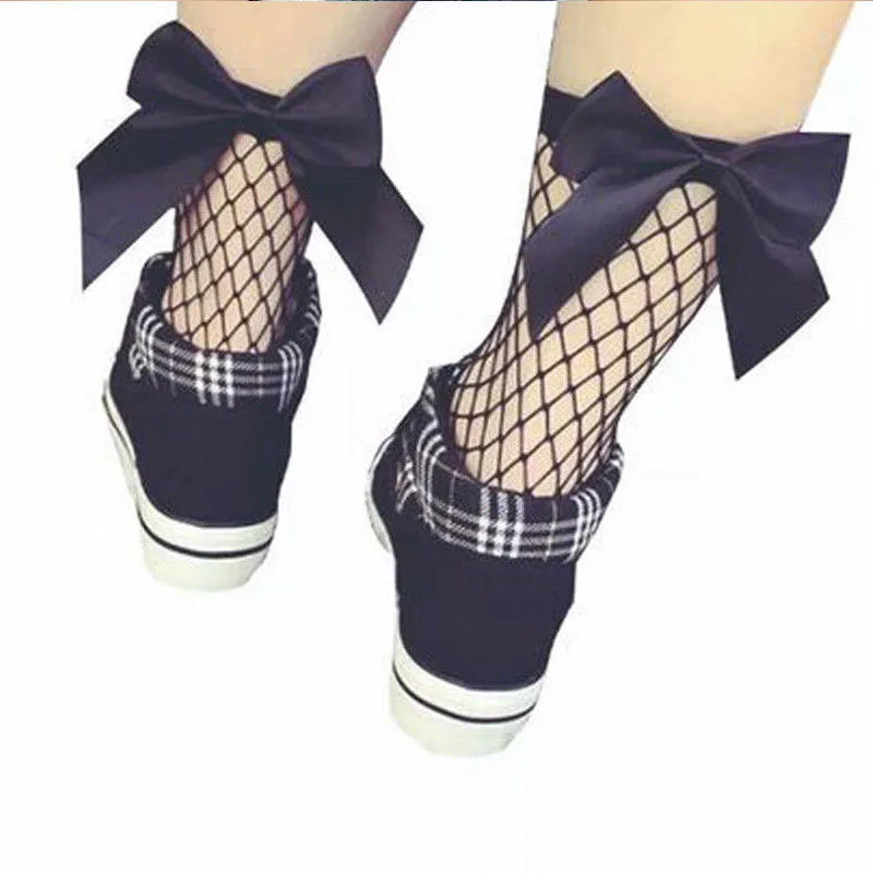 

Bow Fishnet Ankle High socks Lace Fish Net Vintage back bow Short Sock girl new Summer wear Kids Mesh Socks