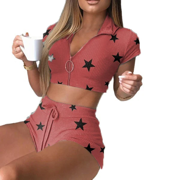 

women's shapers two piece pants set crop tops knitting elastic star print zip down v neck collar gym fitness wear