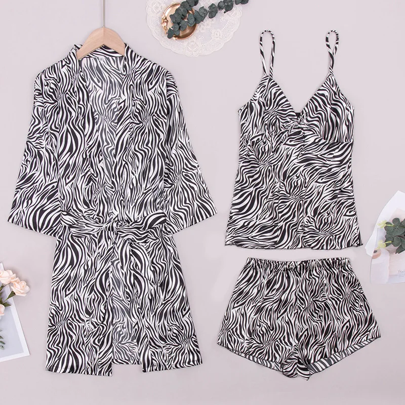 

3-PC Travel Set Wild Zebra Printed Wrap Robe and Cami Shorts Pajamas Cozy Sleepear, As pictures