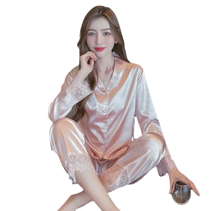 

Spring Autumn Winter New Ice Silk pajamas women's thin long sleeve solid color loose lace home wear pajamas suit for women, Picture shows