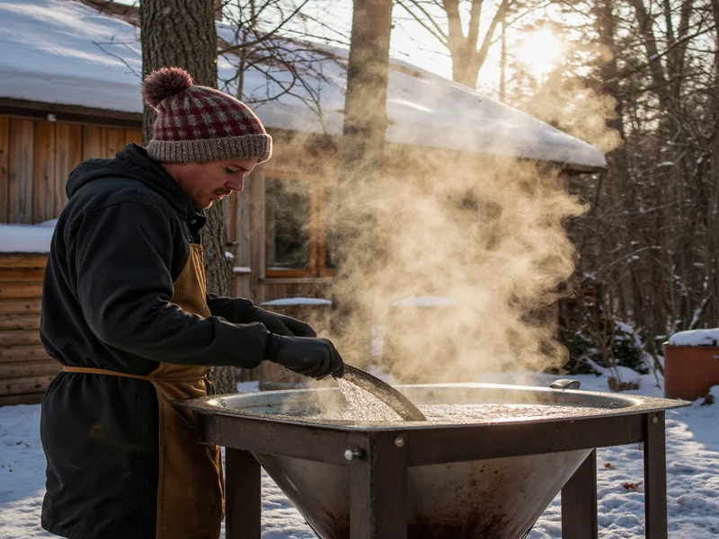 Brewer demonstrating maple sap boiling process