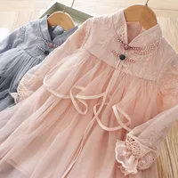 

New children's clothing Autumn girls embroidered ruffled neckline beaded mesh dress