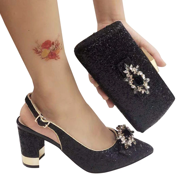 

High quality italian fashion black african women shoes and bag set for party