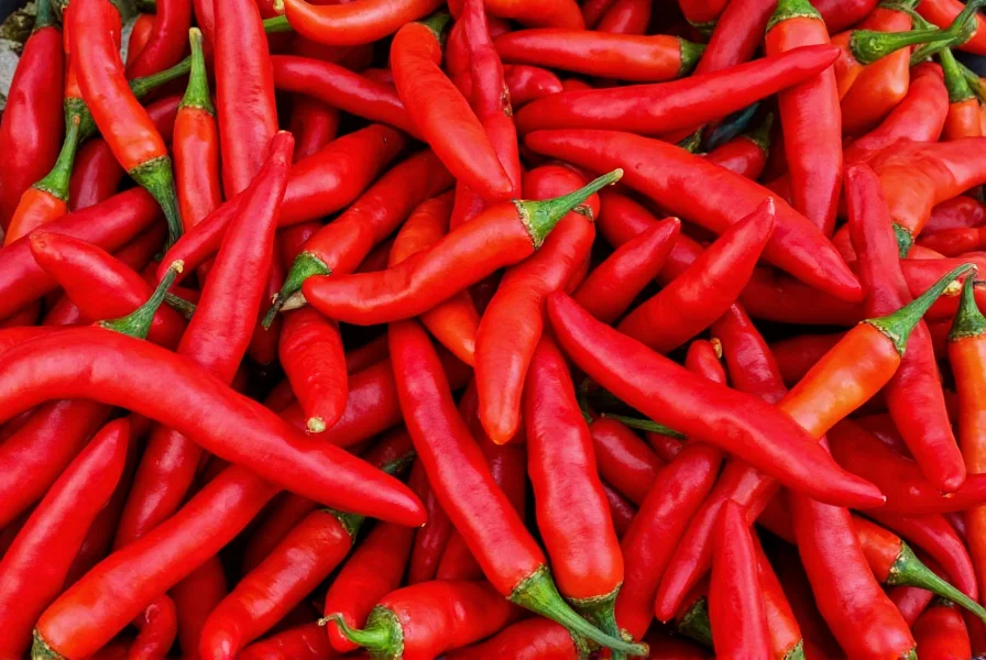 Close-up photography of various red hot chilli pepper varieties arranged by heat level from mild to extreme