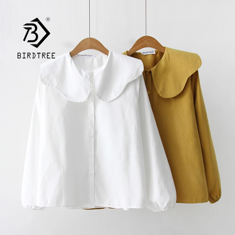 

Petal Collar Vintage Shirt 2020 Autumn New Women Long Sleeve Tops Single-breasted Loose White Blouses T09615R, 2 colour