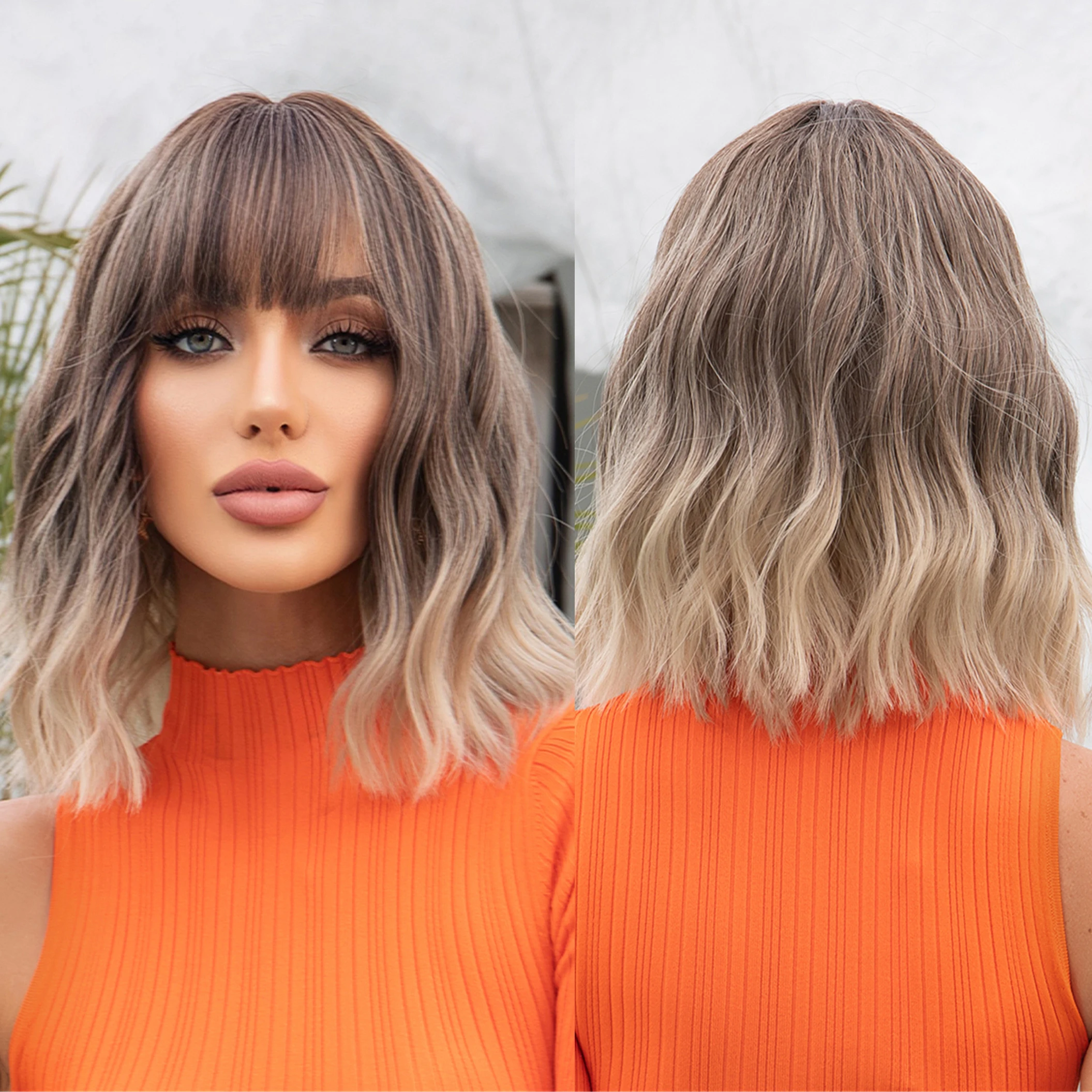 In-stock MOQ1 Light Brown Ombre Water Wavy Synthetic Heat Resistant Wigs Short Bob Wig with Bangs Natural Wavy Hairs