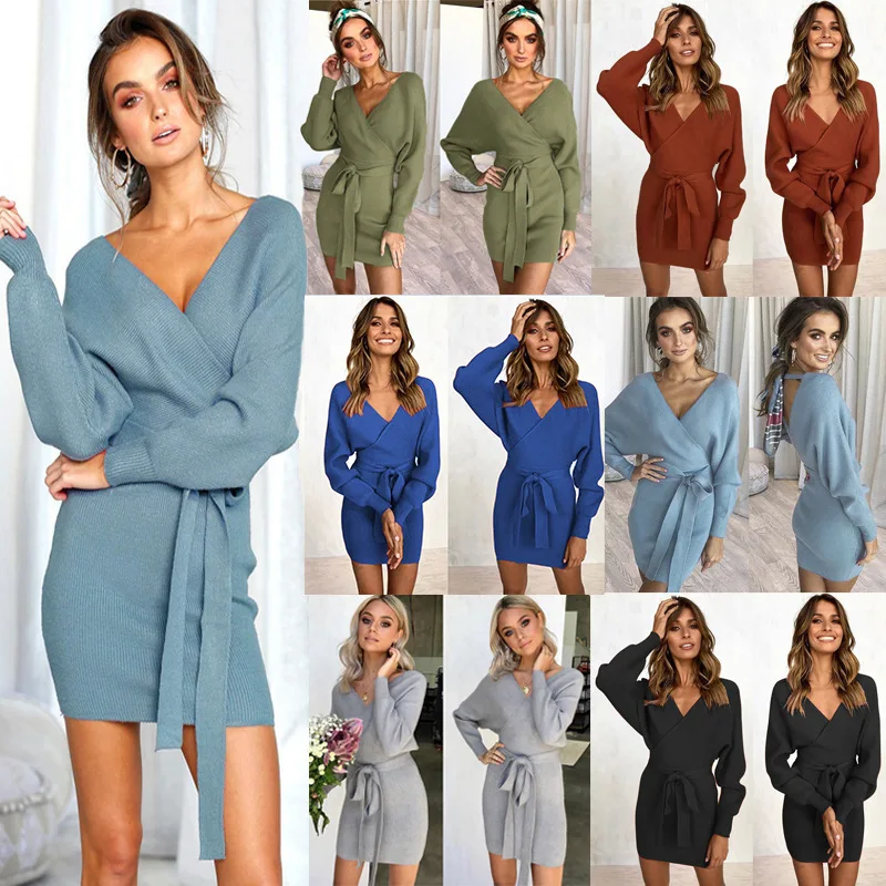 

Drop Shipping Winter Bodycon Long Sleeve Knit Sexy Hip Warm Sweater Fall Clothing For Women Autumn Dress Fall Dresses
