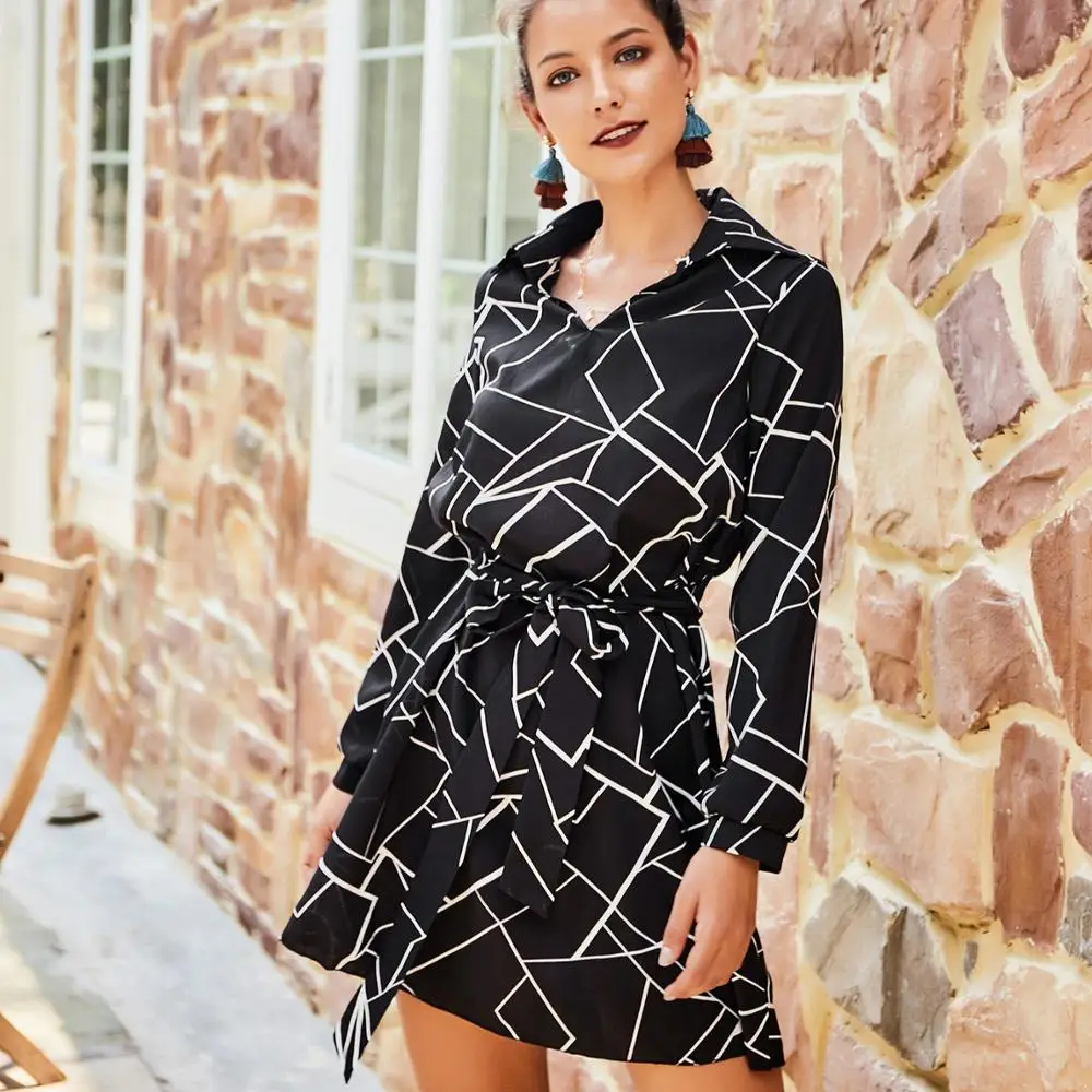 

2020 New Arrival spring autumn casual turn down collar long sleeve striped women ladies mini dresses