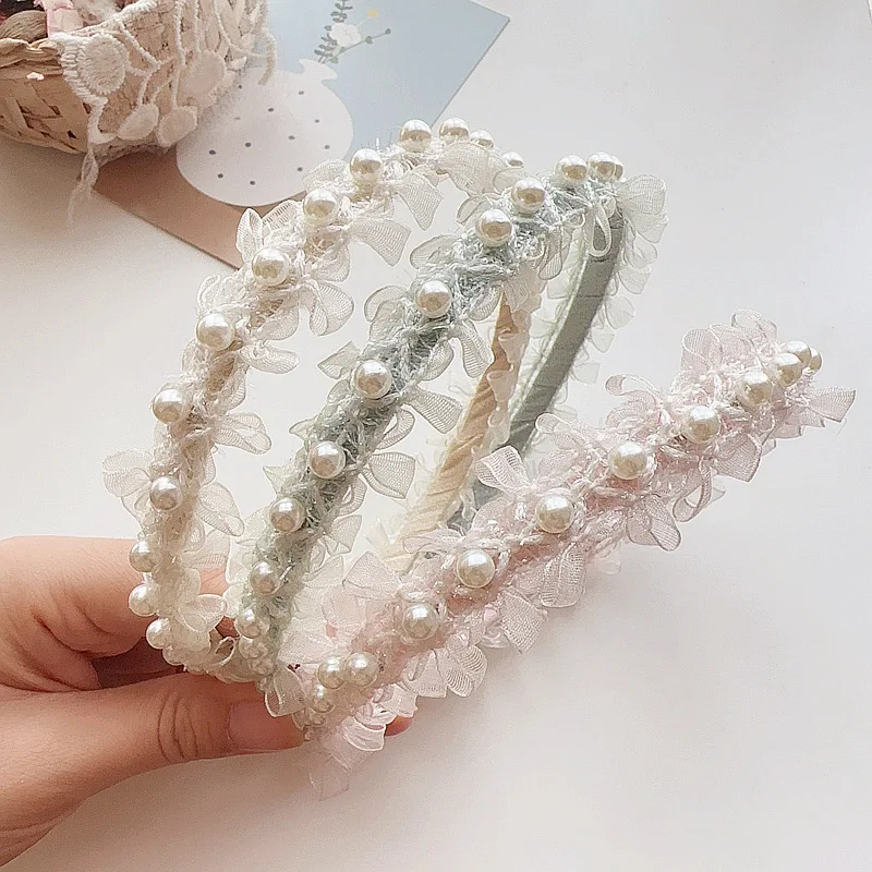 

2024 New Designs Princess Girls Hair Ornament Accessories Gauze Flower Hairband with Pearls Sweet Bow Headband for Little Girls