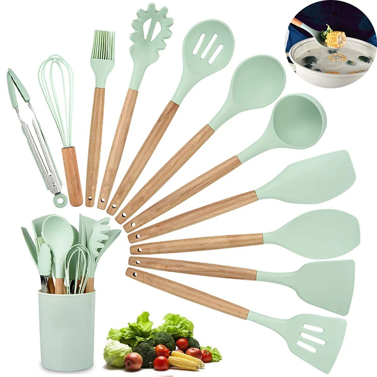 

12 Pieces Natural Wooden Handles Cooking Tool BPA Free Non Toxic Silicone Turner Tongs Spatula Spoon Kitchen Gadgets Utensil Set, Green