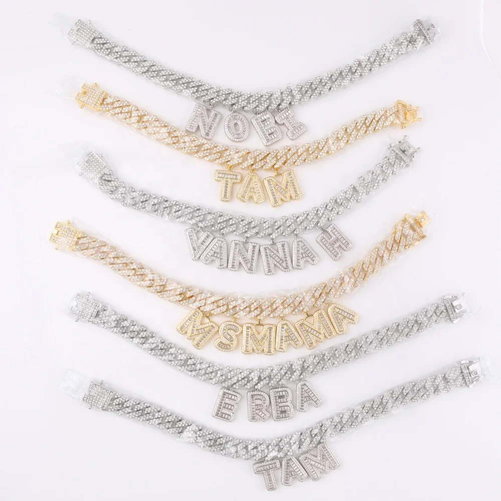 

2020 INS Hot Selling iced out BAGUETTE CUSTOM LETTER CHARM NECKLACE BRACELET CUBAN chain custom personalised name necklace