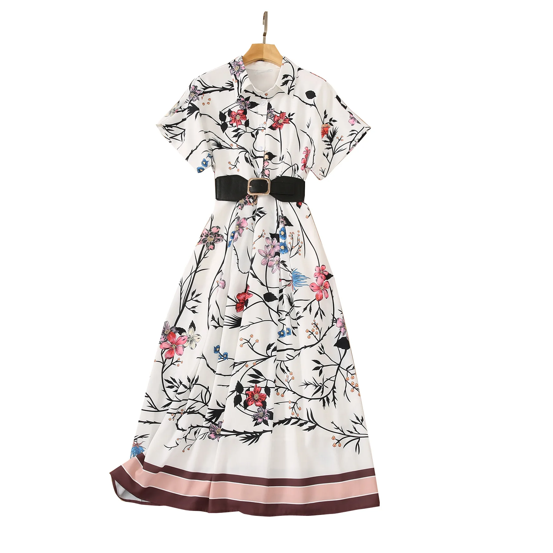 

Vintage Midi Dress Flowers Print Summer Spring New Fashion Design Women Runway High Quality A-Line Elegant Black Belt