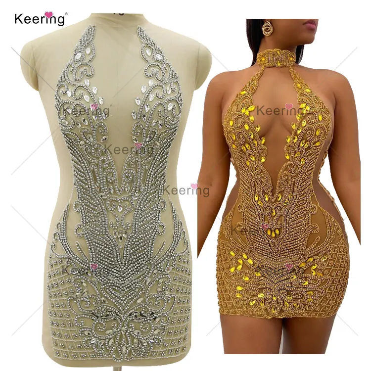 

Keering Fashion Designer Silver Crystal 2022 Girls Clothing Sets Custom Glass Rhinestone Black Gold Applique For Dresses