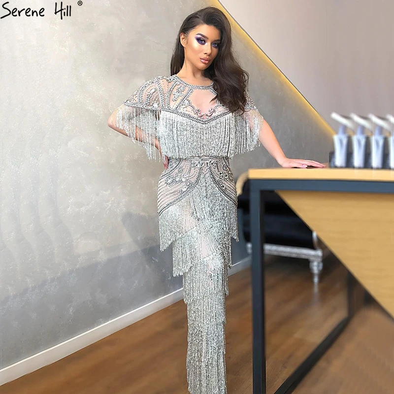 

Grey Handmade Beaded Tassel Mermaid Formal Evening Dresses 2021 Serene Hill LA70275 Cap Sleeves Long Party Gowns For Women