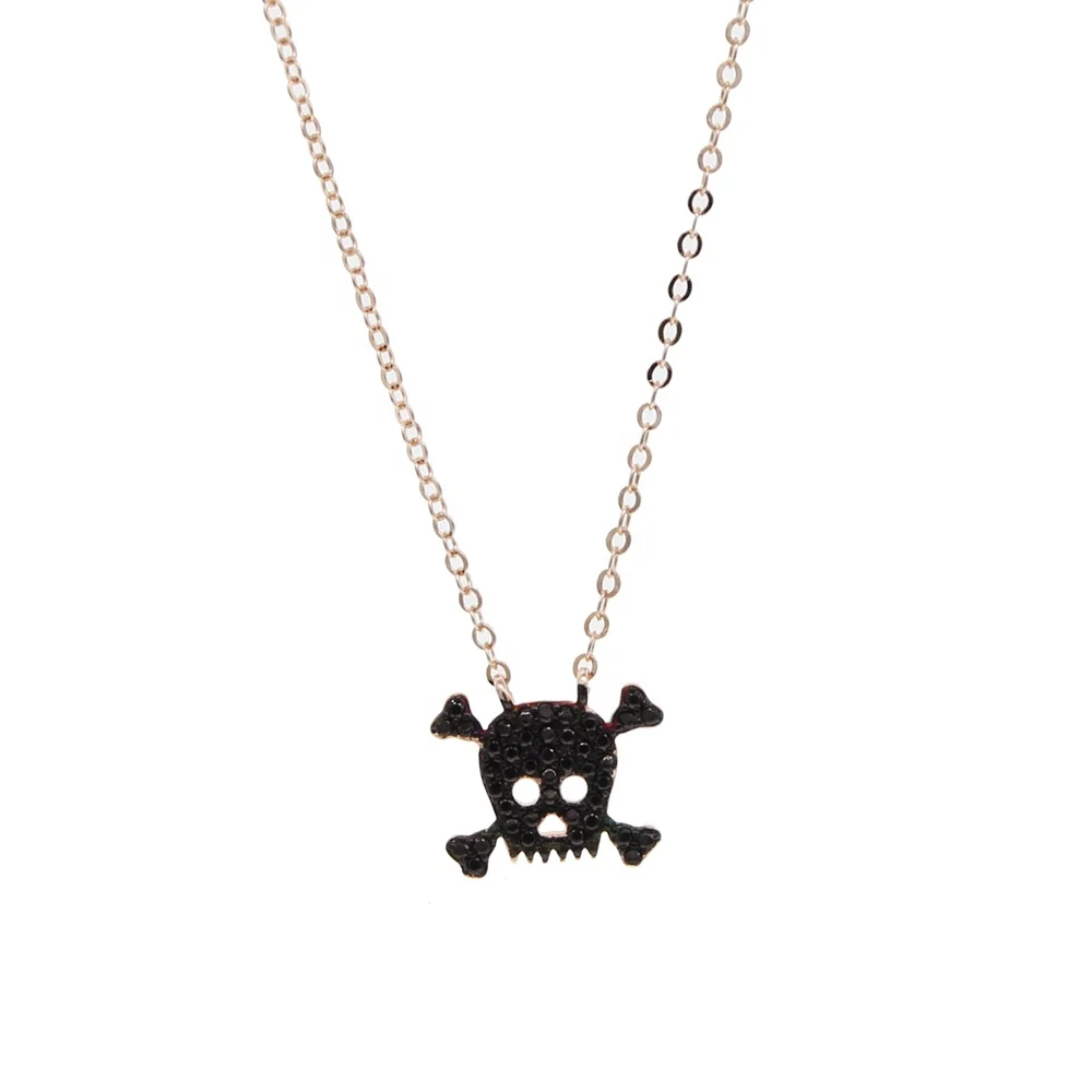 

fashion cool black cz Necklace pendants Chains 925 sterling silver jewelry rose gold color skull Head Shrimp Lock Necklace